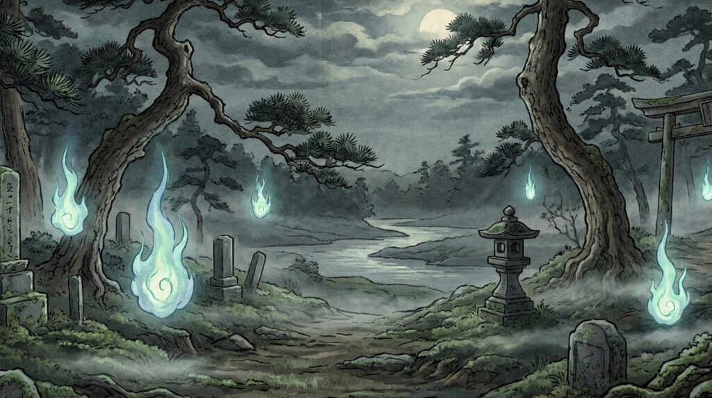 Ancient Japanese ghostly flames Onibi at night