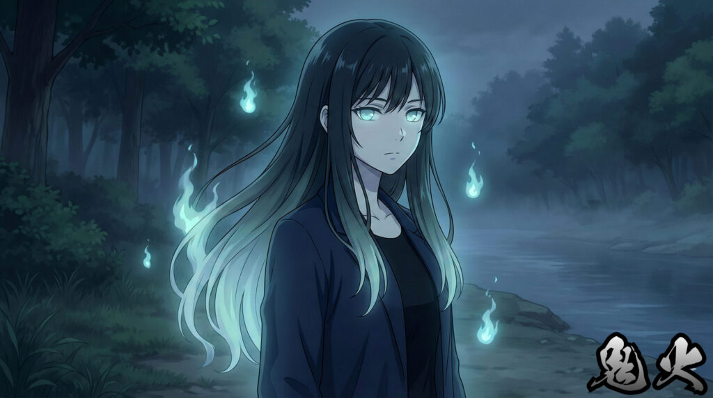 Anime-style beautiful girl personifying Japanese yokai Onibi