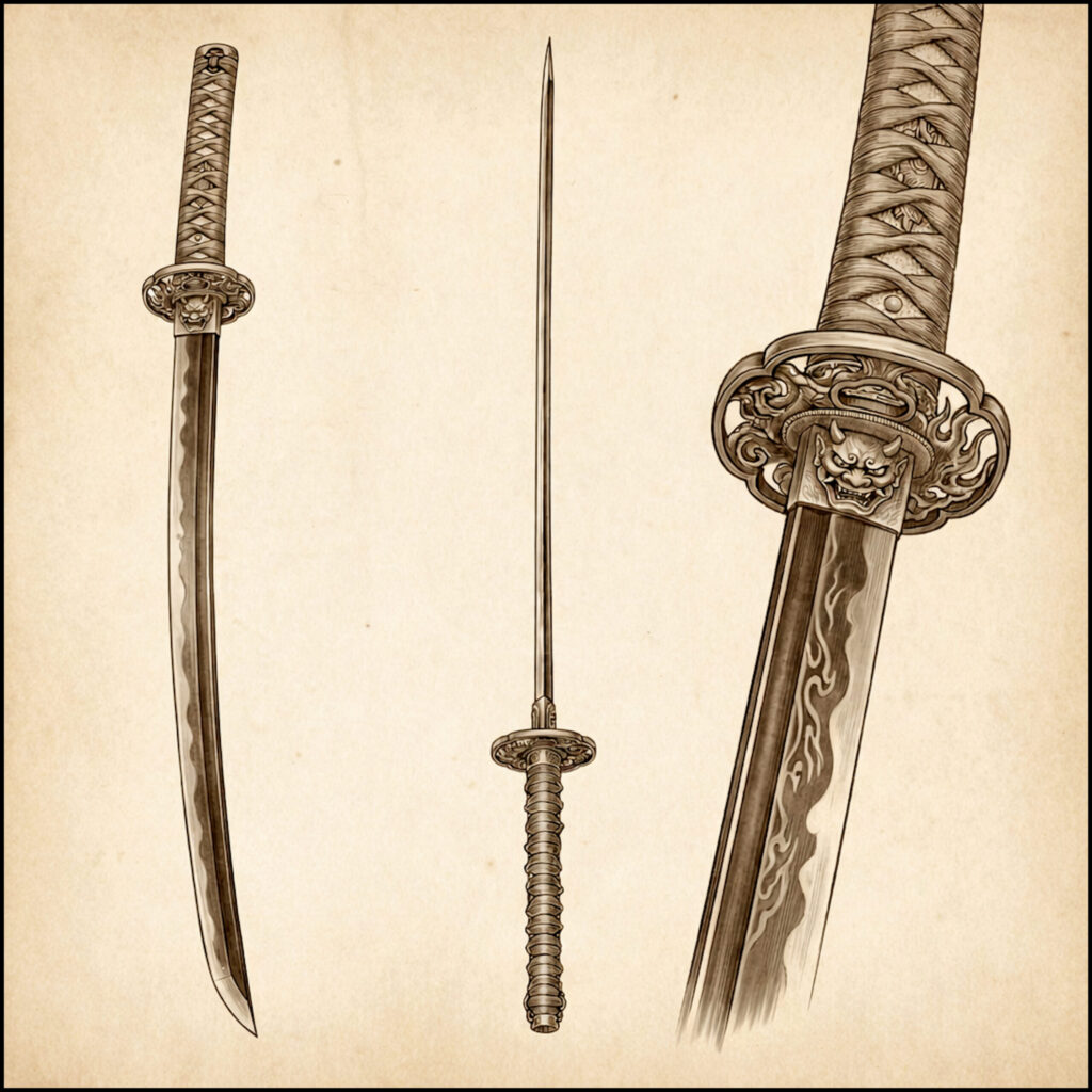 Onikirimaru – Legendary Japanese Yokai Sword Orthographic Reference | Phantom Tone Folklore Visual Onikirimaru Japanese legendary yokai sword orthographic reference illustration