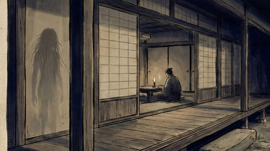 Conceptual traditional depiction of Onryō, the vengeful spirit genre in Japanese folklore, represented through oppressive presence, unresolved resentment, and ritual appeasement rather than a single fixed form.