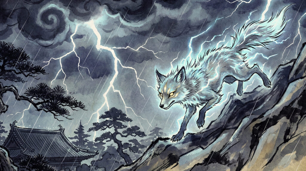 Traditional depiction of Raijū, thunder beasts in Japanese folklore, shown as small animal-like creatures formed from lightning and storm energy accompanying thunder in the sky.