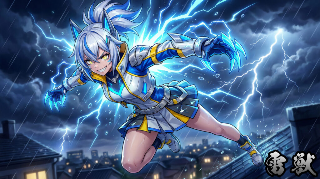 Modern reinterpretation of Raijū as a yokai girl, embodying lightning, raw natural power, and the fusion of thunder phenomena with supernatural beast imagery in Japanese folklore.