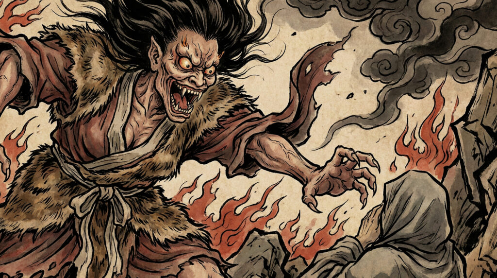 Rasetsu, a fearsome being from Buddhist-influenced Japanese folklore derived from Indian Rākṣasa, symbolizing devouring judgment, karmic punishment, and violence sanctioned by cosmic law.