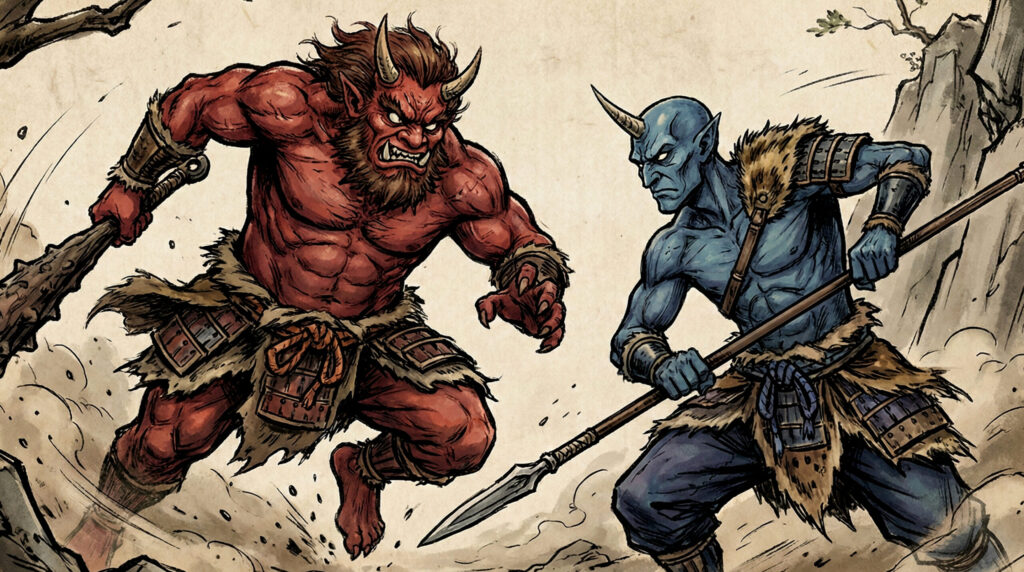 Aka-oni and Ao-oni, red and blue oni from Japanese folklore representing dual aspects of excess, with red symbolizing rage and violence and blue symbolizing sorrow, restraint, and suppressed emotion.