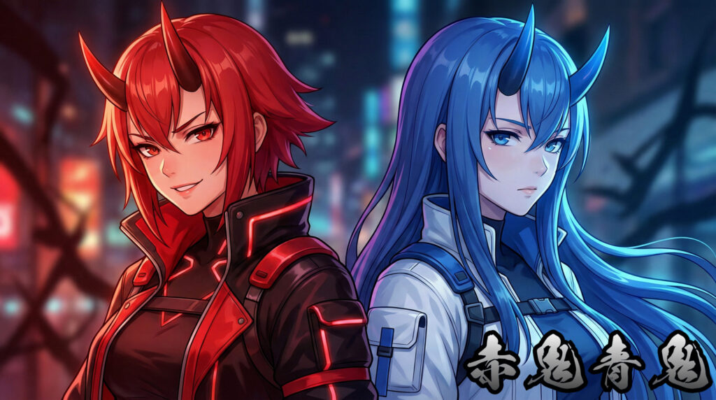 A modern reinterpretation inspired by Aka-oni and Ao-oni, depicting two contrasting oni figures in red and blue, representing explosive anger versus silent despair and the psychological duality of imbalance.