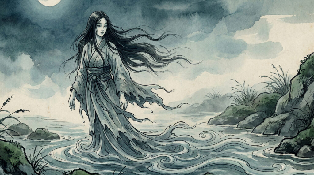 Kawahime, a river maiden from Japanese folklore depicted as a beautiful feminine spirit of flowing water, symbolizing allure, thresholds, and danger hidden within calm rivers.