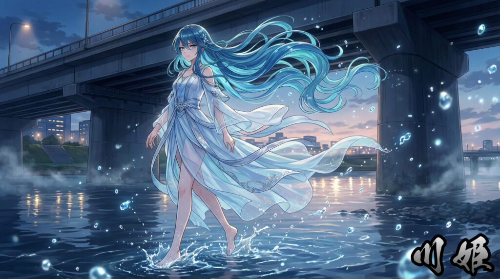 A modern reinterpretation inspired by Kawahime, portraying a serene woman emerging from a moonlit river, representing seductive danger, fluid identity, and the pull of flowing water.