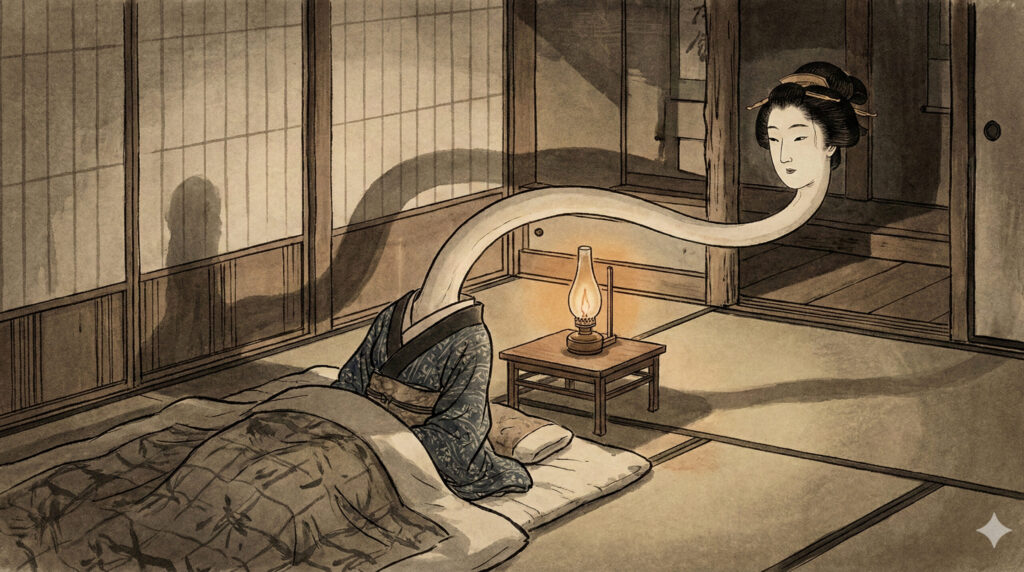 Ancient Japanese yokai Rokurokubi with elongated neck