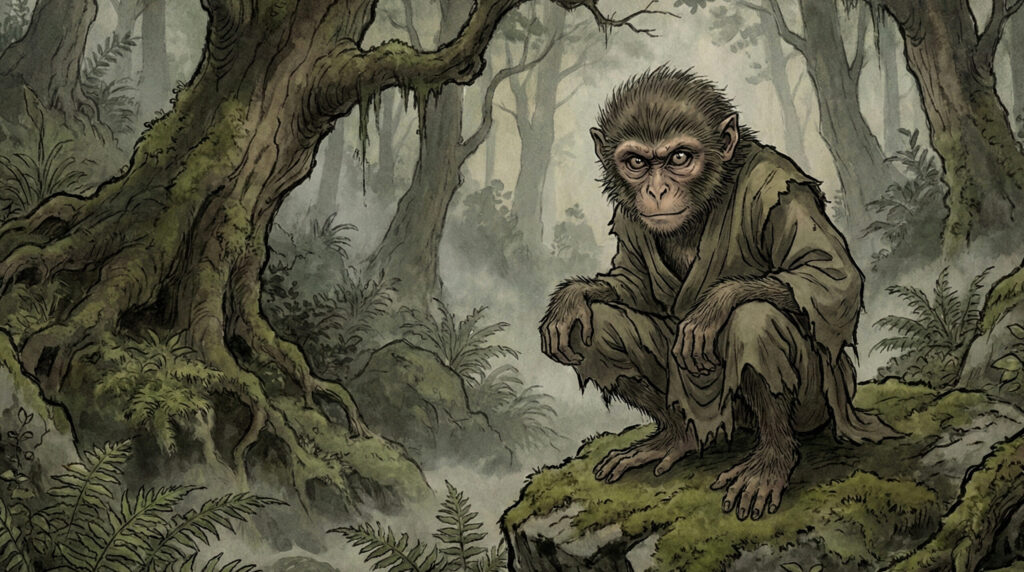 Traditional depiction of Satori, a mind-reading mountain anomaly in Japanese folklore, implied through an unseen presence responding to human thoughts rather than a clearly defined physical form.