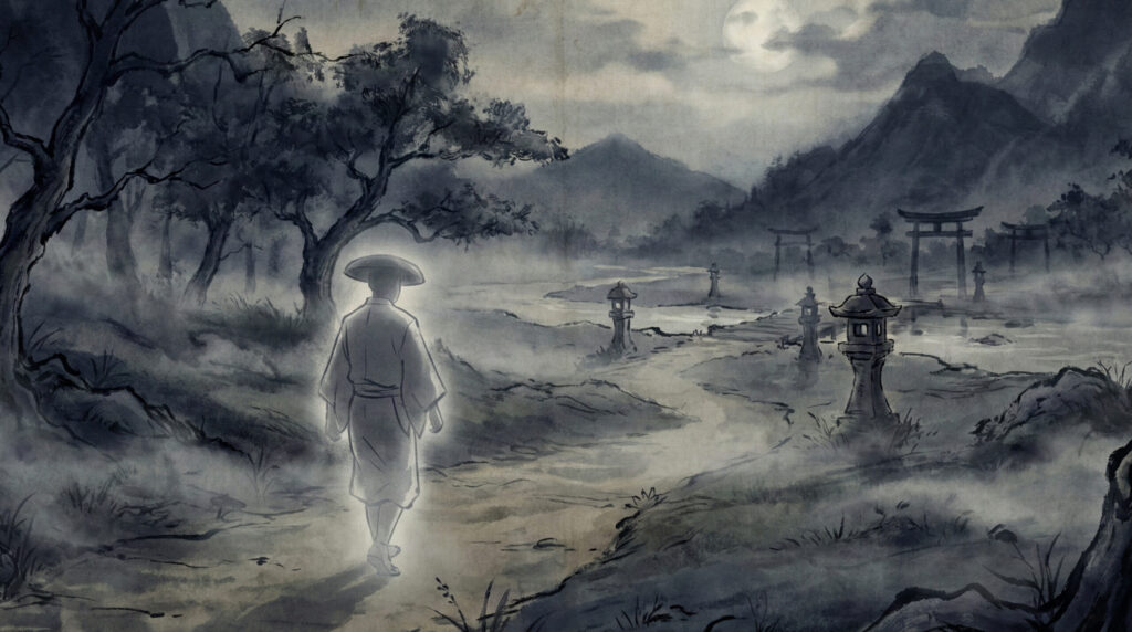 Conceptual traditional depiction of Shide no Tabi, the postmortem journey in Japanese folk belief, represented through symbolic paths, crossings, and liminal landscapes rather than personified spirits.