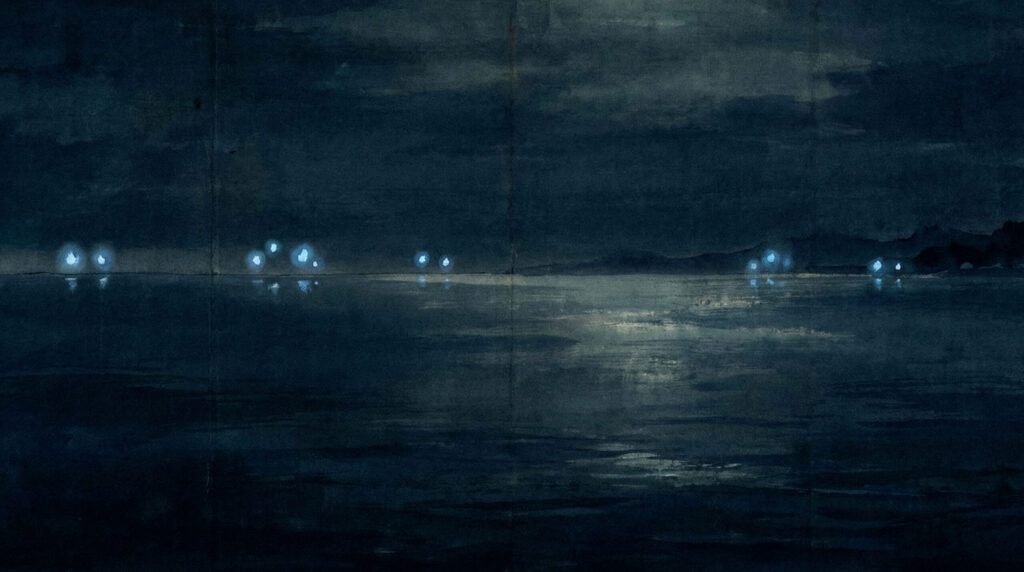 Traditional depiction of Shiranui, mysterious lights appearing over the sea along the Kyushu coast in Japanese folklore, shown as distant glowing orbs drifting above calm night waters.
