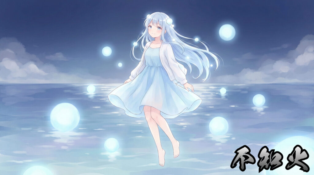 Modern reinterpretation of Shiranui as a mysterious yokai girl, embodying unexplained lights, liminal coastal phenomena, and the enigmatic beauty of Japanese maritime folklore.