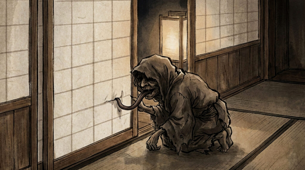 Shojiname, a household yōkai from Japanese folklore that licks shōji screens, symbolizing boundary violation, domestic impurity, and intrusion without entry.