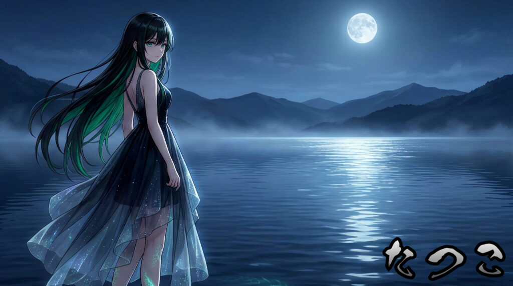 Modern anime-style beautiful girl inspired by Tatsuko-hime from Japanese folklore, connected to lake and dragon mythology