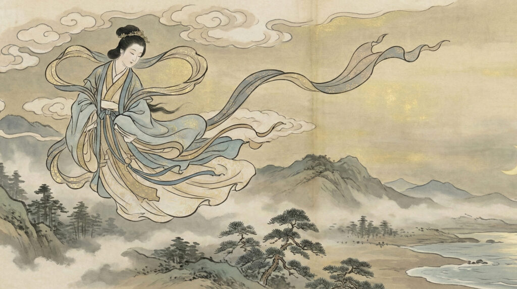 Ancient Japanese heavenly maiden Tennyo with hagoromo