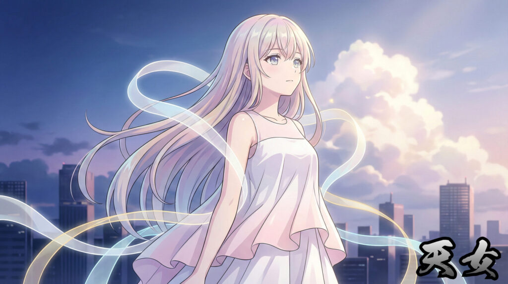 Anime-style beautiful girl inspired by Japanese Tennyo