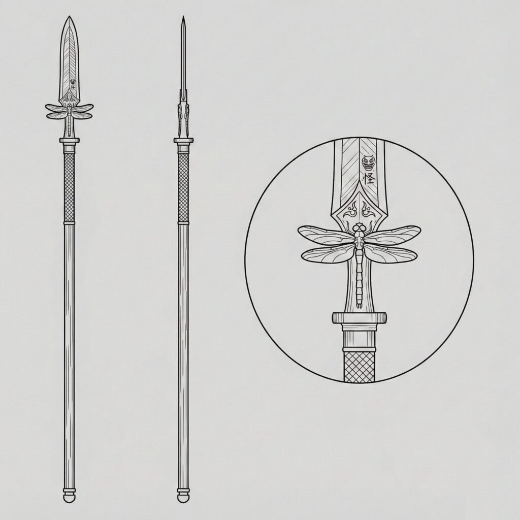 Tonbokiri Japanese legendary yokai spear orthographic reference illustration
