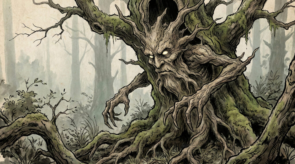 Komi | Phantom Tone Folklore Visual Komi, a tree-dwelling spirit from Japanese folklore, symbolizing forest animism, awareness within nature, and the memory embedded in ancient trees.