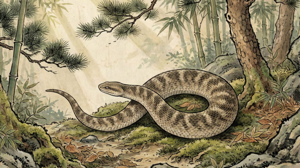 raditional depiction of Tsuchinoko, a folk anomaly in Japanese tradition, shown as an unusually thick-bodied, short serpentine creature appearing briefly in rural or mountainous landscapes.
