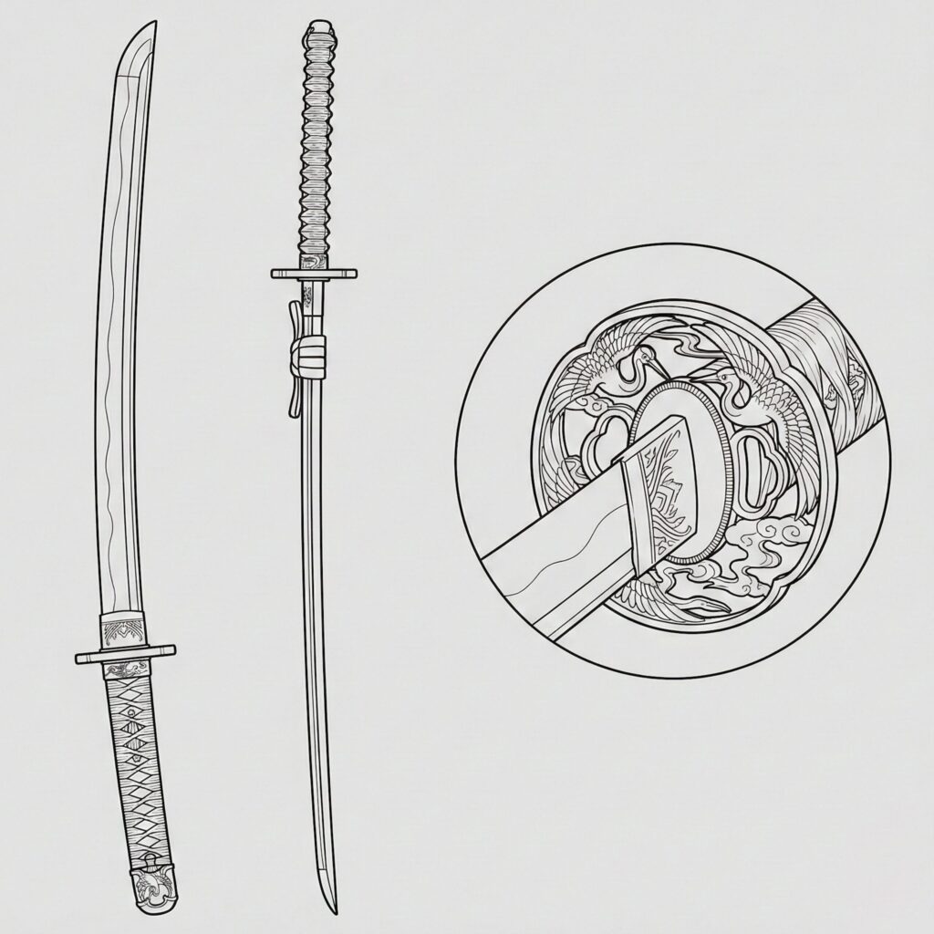 Tsurumaru Kuninaga Japanese legendary yokai sword orthographic reference illustration