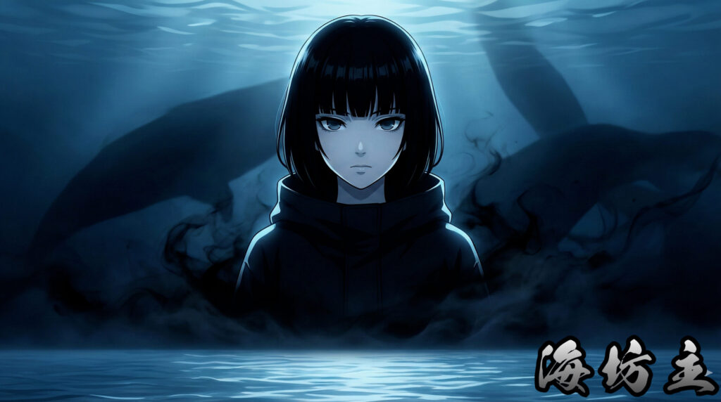 Anime-style beautiful girl inspired by the yokai Umibozu, emerging quietly from the dark sea