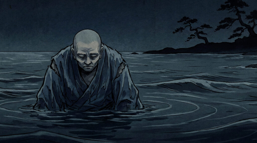 Ancient Japanese sea yokai Umizatō emerging silently from the ocean