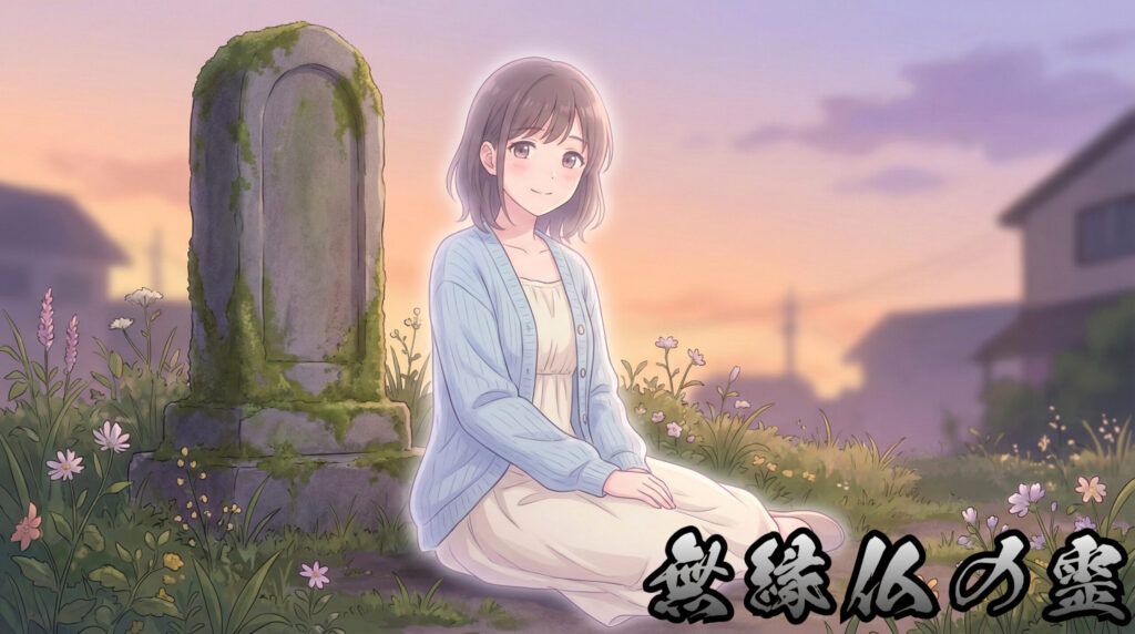 Muen-botoke | Phantom Tone Folklore Visual Modern reinterpretation of Muen-botoke as a quiet yokai girl, embodying loneliness, spiritual disconnection, and the lingering presence of forgotten souls in Japanese folklore.