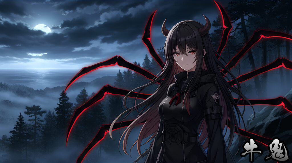 Anime-style beautiful girl inspired by the yokai Ushioni, with ox horns and spider-like shadow powers