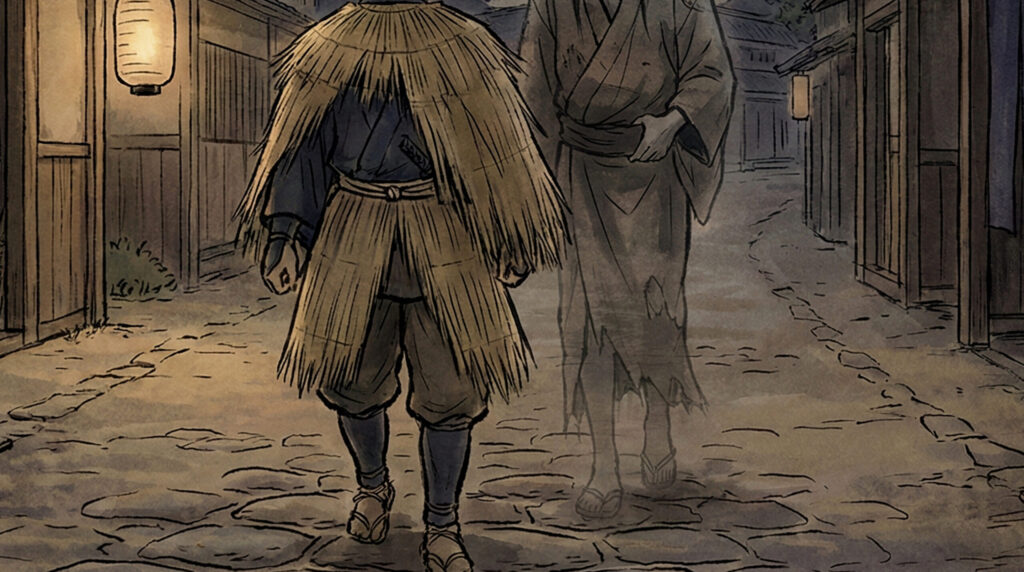 Traditional conceptual depiction of Ushirogami, a Japanese folk anomaly representing an unseen presence behind a person, implied through empty space, tension, and the fear of being watched rather than a visible form.