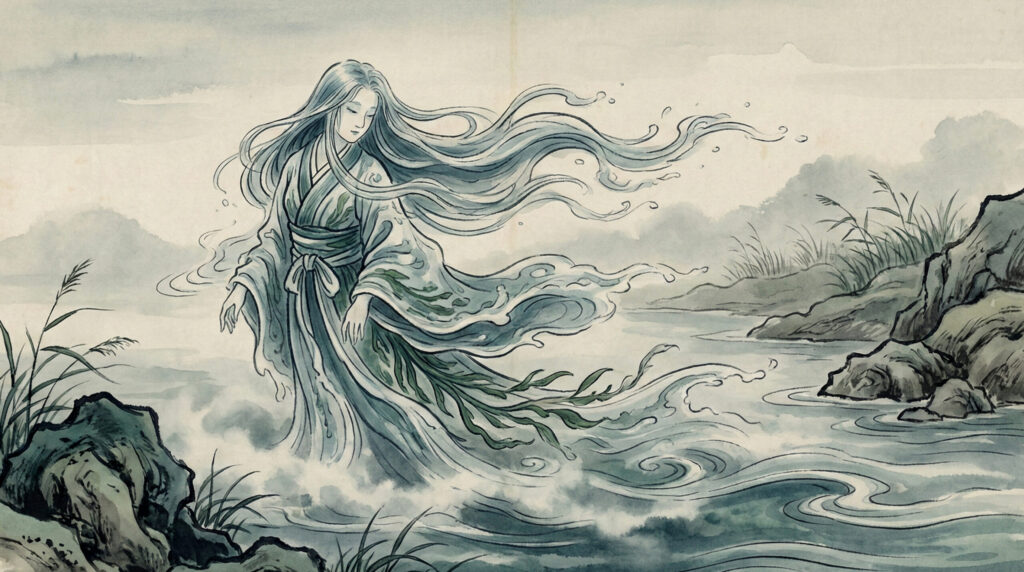 Suisei | Phantom Tone Folklore Visual Suisei, a water spirit from Japanese folklore representing the living essence of water, symbolizing flow, depth, and nature’s awareness without intention.