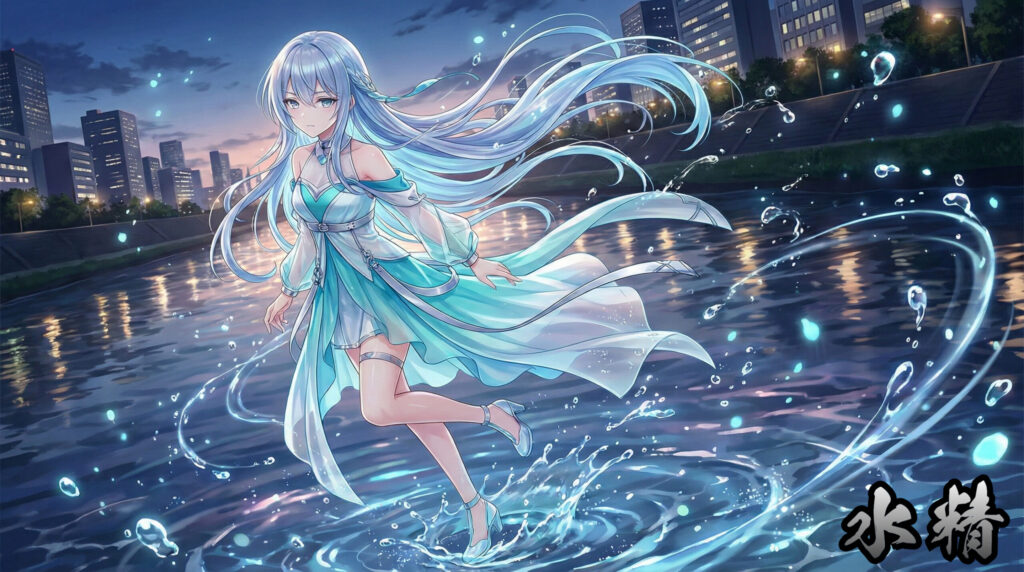 Suisei | Phantom Tone Folklore Visual A modern reinterpretation inspired by Suisei, portraying an abstract presence within flowing water, representing ecological balance, subconscious depth, and fluid existence.