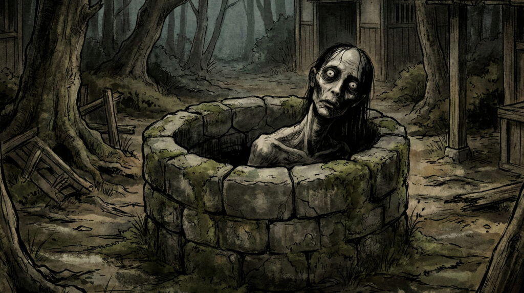 Idonozoki, a yōkai from Japanese folklore associated with wells, depicting a watching presence from below that symbolizes curiosity, vertical danger, and being seen by the unseen.