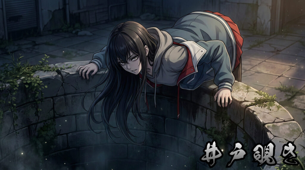 A modern reinterpretation inspired by Idonozoki, portraying eyes or a shadow emerging from a dark well, representing fixation, domestic uncanny, and the peril of looking too deeply.