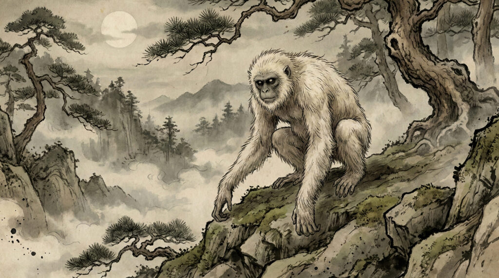Hakuen, the White Ape of Japanese folklore, a rare mountain-dwelling sacred beast symbolizing spiritual boundary, silent observation, and nature’s awareness.