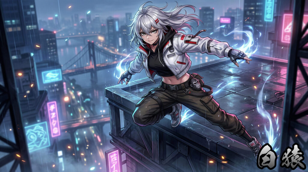 A modern reinterpretation inspired by Hakuen, portraying a white ape watching from a mountain forest, representing sacred otherness, wilderness consciousness, and silent authority.