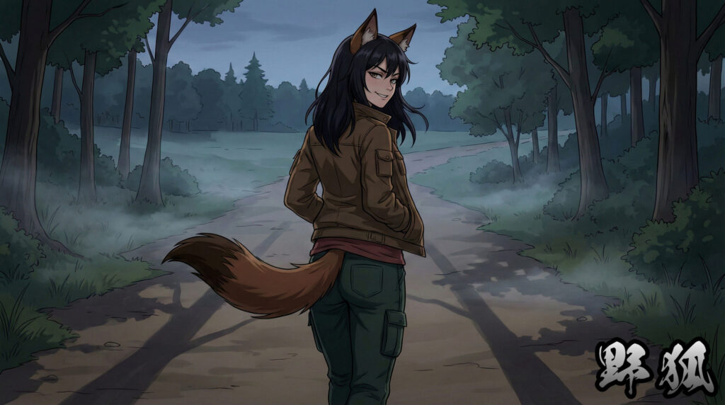 A modern reinterpretation inspired by Yako, depicting a fox-like figure in a liminal landscape, representing unregulated power, illusion, and distrust toward familiar appearances.