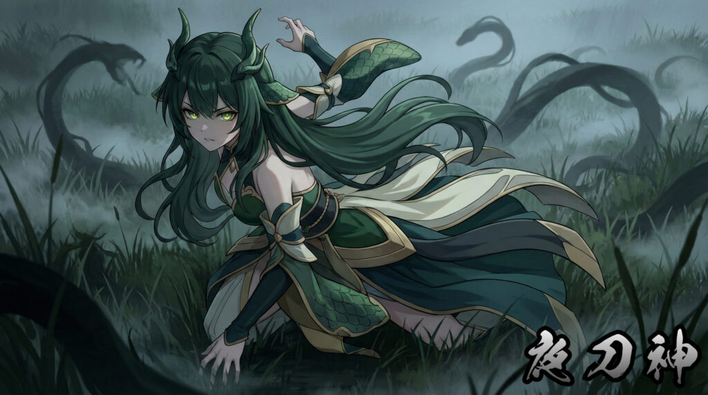 Yato-gami | Phantom Tone Folklore Visual Modern reinterpretation of Yato-gami as a yokai girl, embodying serpentine divinity, land-bound power, and the tension between human development and territorial gods in Japanese folklore.