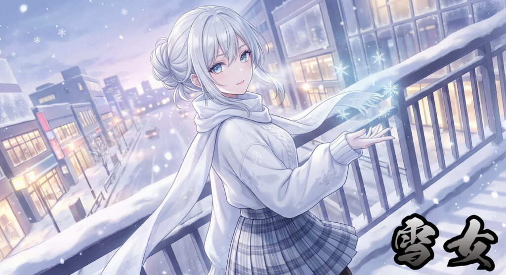 Modern Yuki-onna girl in a snowy Shibuya street — a stylish reinterpretation of the Japanese folklore snow spirit. Anime-style winter fashion, blue-white palette, serene icy atmosphere.