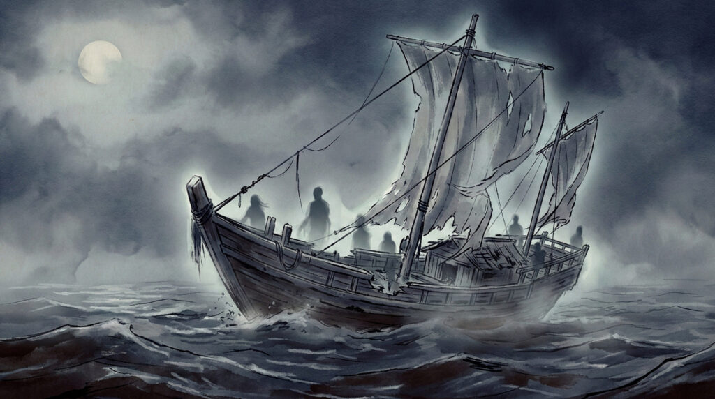 Traditional conceptual depiction of Yūrei-bune, ghost ships in Japanese literary tradition, shown as silent crewless vessels appearing on dark seas without interaction or hostility.