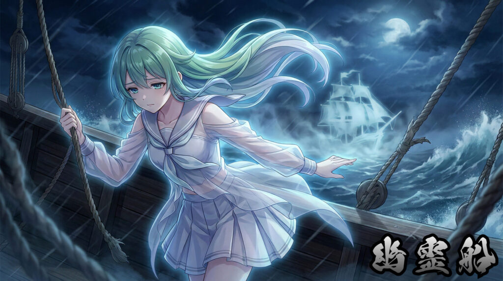 Modern reinterpretation of Yūrei-bune as a mysterious yokai girl, embodying abandoned voyages, silent maritime apparitions, and unresolved passage in Japanese folklore.